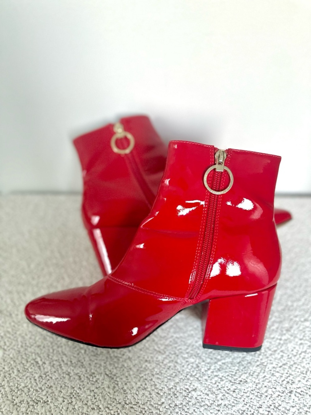 TOPSHOP Bright Red Patent Block Heel Ankle Boots - Picture 6 of 11